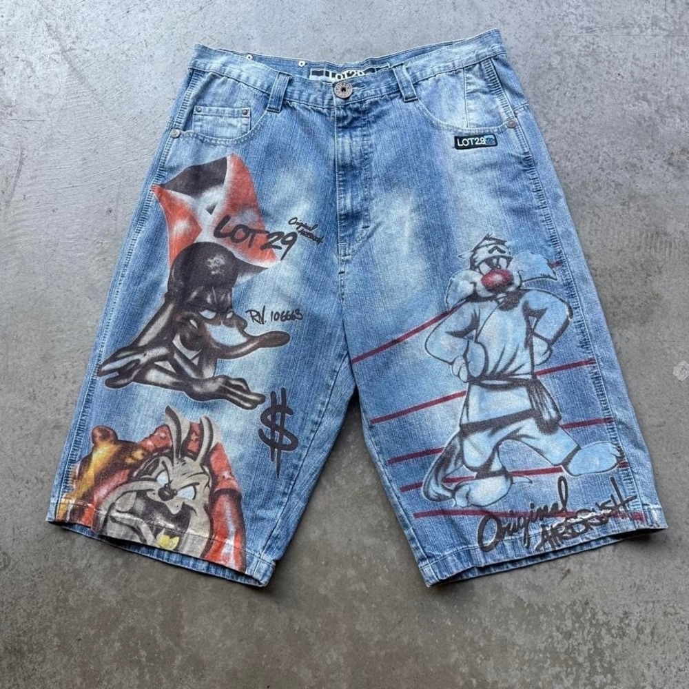 Vintage 90s Lot 29 Looney Tunes All Over Print Denim Shorts Streetwear Mens 34